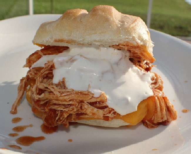 a sandwich loaded with buffalo pulled chicken