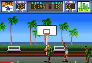 Says LANCER POINT 002  TIME 10.45  SHOT 18 POINT 001 PHOTON, Shows Basketball court in like tropical island style showing one team wear green clothing with the other team player wearing white clothing and two white benches show here and blue sky here