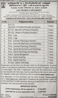 TAMIL NADU PHYSICAL EDUCATION AND SPORTS UNIVERSITY - Admission Notification - Regular 2024 - 2025