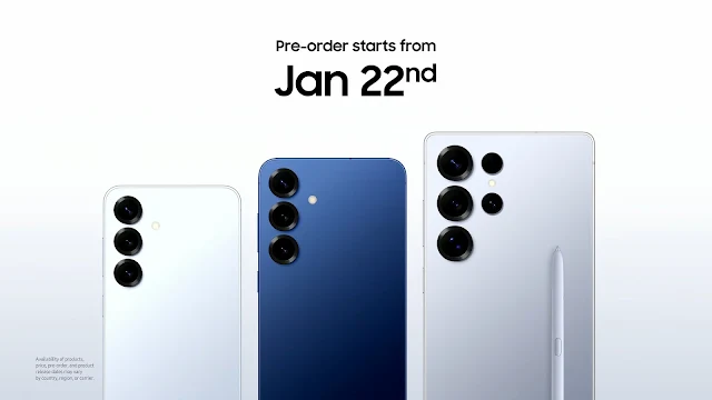 Three Samsung Galaxy S25 phones in white, blue, and silver, with the S25 Ultra model featuring an S Pen stylus.