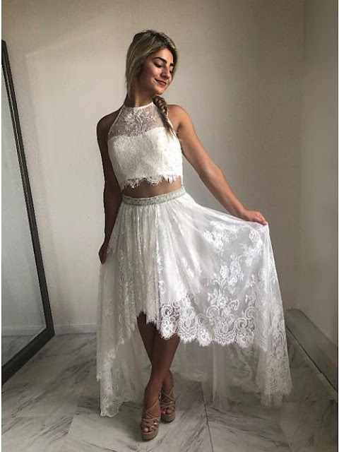 Flowy Halter Lace Crop Top Boho Beach Two Piece Wedding Dress, Casual Wedding Skirt and Top