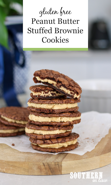 Peanut Butter Stuffed Brownie Cookies Recipe - gluten free, sandwich cookies, copycat butterbing cookies recipe, crumbl cookies recipe