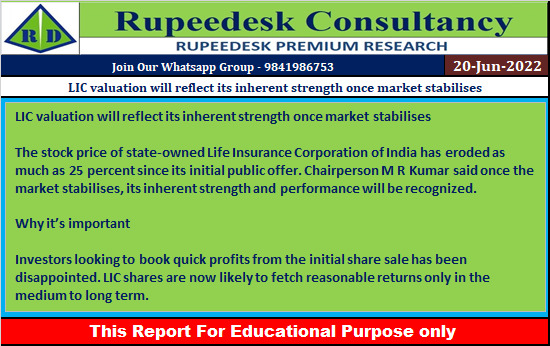 LIC valuation will reflect its inherent strength once market stabilises - Rupeedesk Reports - 20.06.2022