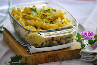 Crumble de espinacas, salmón y setas