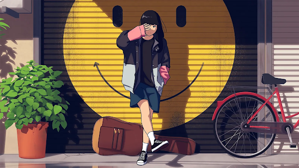cool anime girl style wallpaper with a giant smile emoji painting