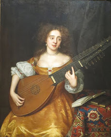 A 17th century painting of an English woman playing the theorbo