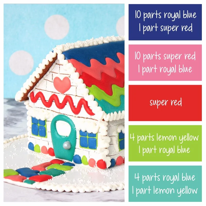 brightly colored gingerbread house and color palette