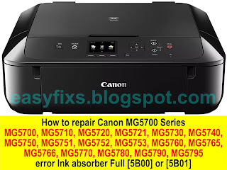 Repair ink absorber full error on Canon MG5700, MG5710, MG5720, MG5721, MG5730, MG5740, MG5750, MG5751, MG5752, MG5753, MG5760, MG5765, MG5766, MG5770, MG5780, MG5790, MG5795, support code 5B00, 5B01, 5B12, 5B13, 5B14, 5B15, 1700, 1701, 1712, 1713, 1714, 1715