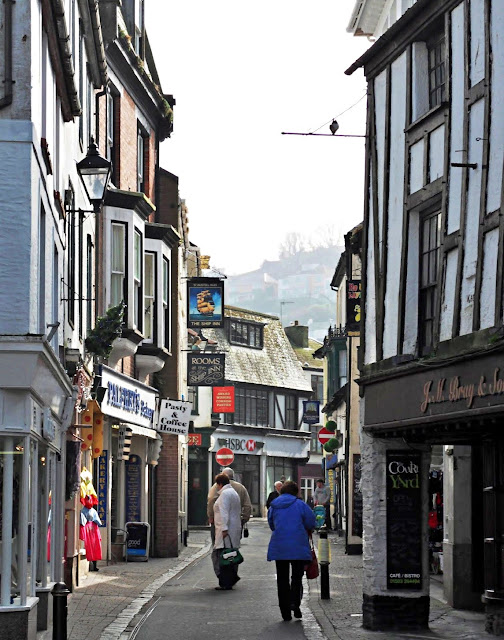Shops and narrow roads in Looe, Cornwall