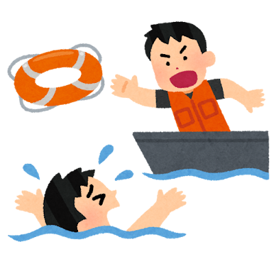 溺れている人に浮き輪を投げる救助員のイラスト