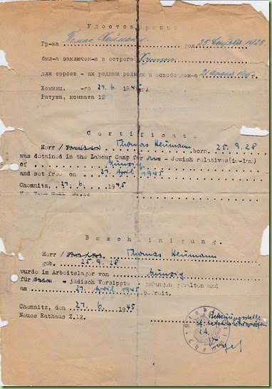 Certificate of labor camp detention 1945