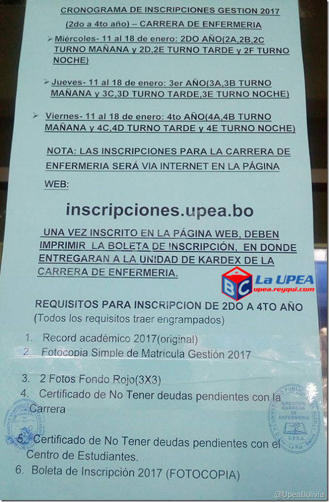 UPEA 2017: Cronograma de inscripciones para estudiantes de 2do a 4to año de la carrera de Enfermería