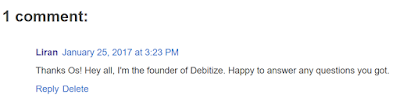 Debitize Founder Comment on my Blog