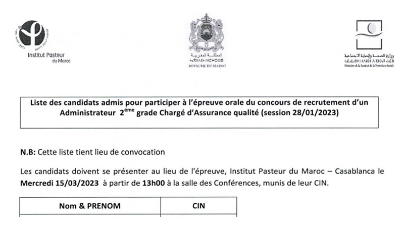 لائحة المدعوين لإجراء الاختبار الشفوي لمباراة توظيف 18 منصب بمعهد باستور مارس 2023