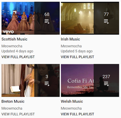 YouTube playlists of Celtic music, totalling over 350 songs.
