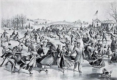 Currier and Ives art featuring ice skating scene
