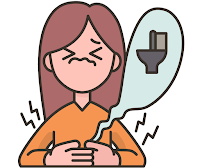 Cartoon of a woman looking stressed - a thought bubble shows an image of a toilet.