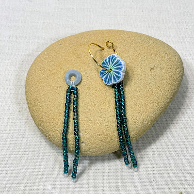 polymer clay button earring and bead fringe component