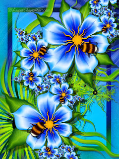 computer generated bees and flowers in shades of blues and oranges