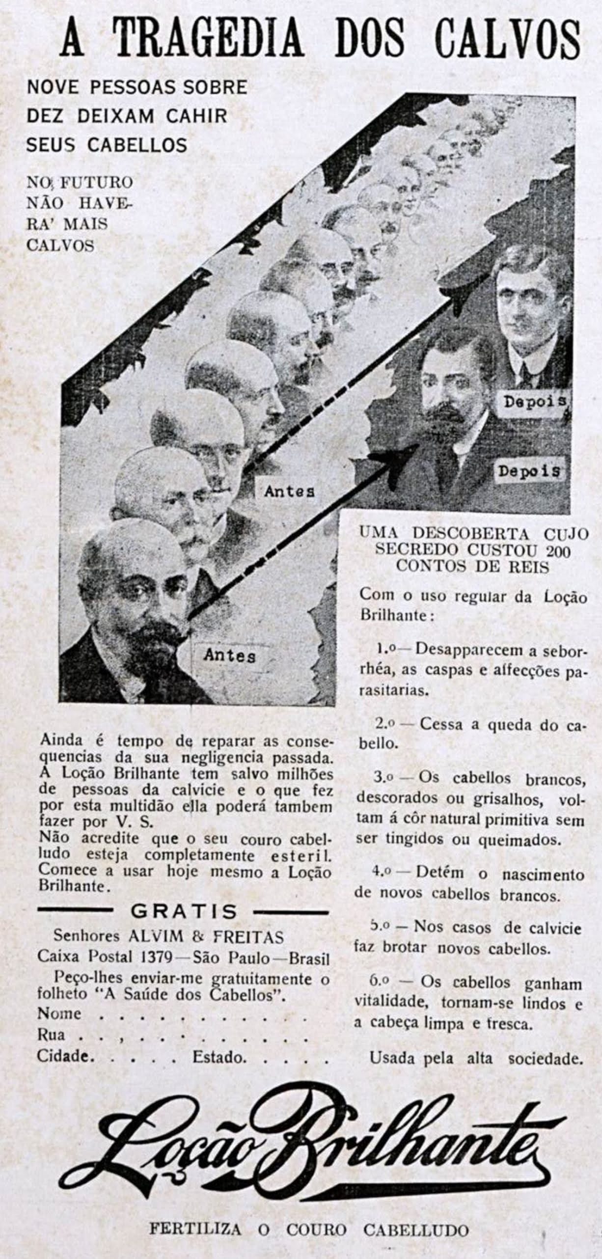 Propaganda antiga de loção para combate à calvície em 1934