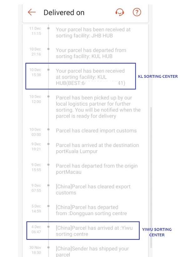 tempoh masa parcel dari China Yiwu Sorting Center ke Malaysia