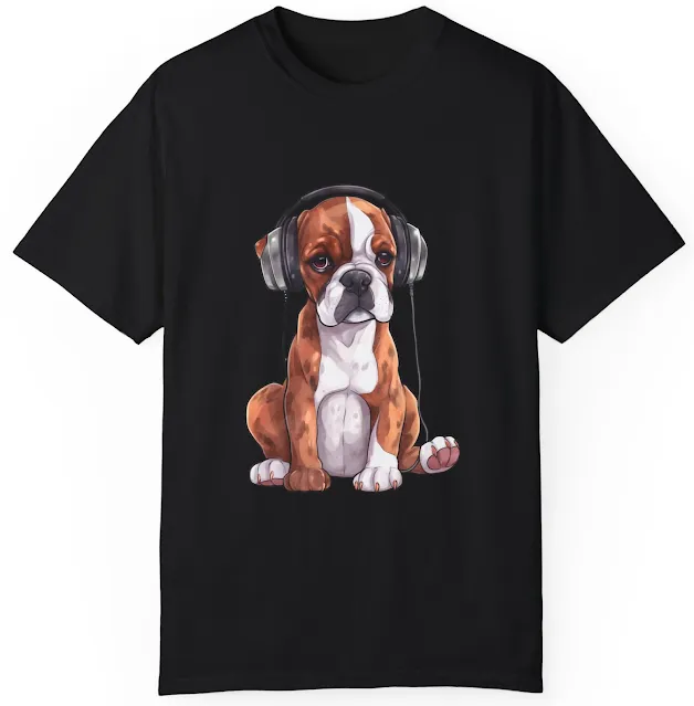 T-Shirt With Graphic of Boxer Dog Wearing Headphones Listening To Music