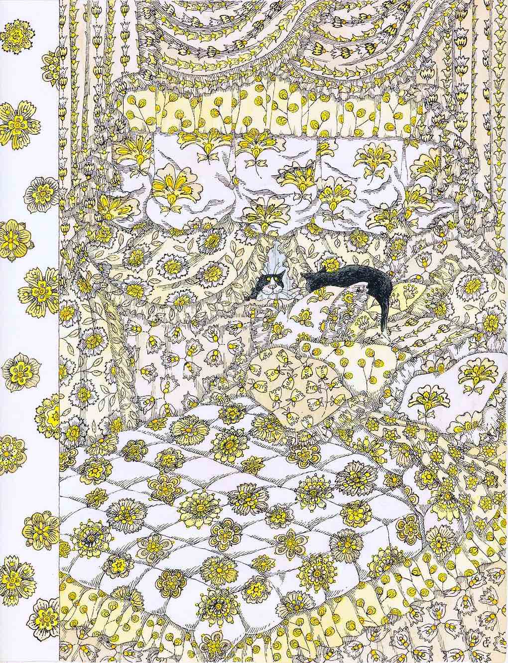 Edward Gorey, cats in a giant bed