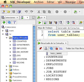 Vista de SQL Developer en el que muestra las tablas de HR