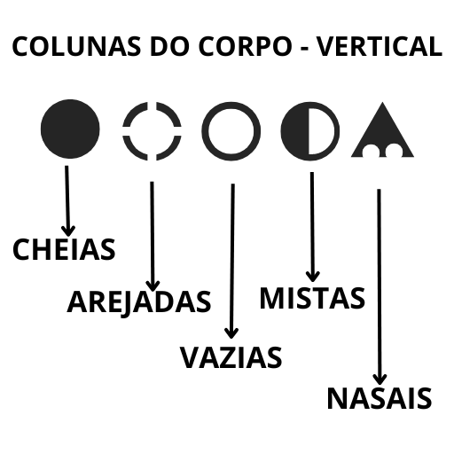 Em escrito preto sobre fundo branco, pequena imagem mostrando legendas, cabeçalho escrito 'colunas do corpo - vertical' e símbolos com suas palavras correspondentes