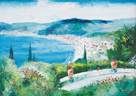 A painting by Berrino that captures the beauty of Alassio's location on the coast of Liguria