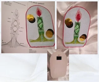 tipar pentru lumanare cusuta (stitching) cu verde si rosu pe foaie cu patratele mici albe si bleu