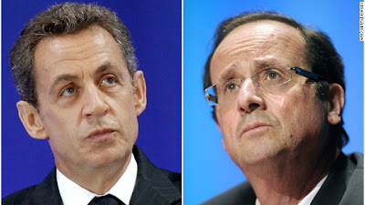 Francois Hollande y el presidente Nicolas Sarkozy en el último día de campaña las encuestas dan la ventaja a Hollande