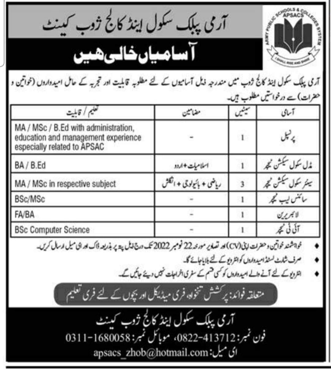 Army Public School and College Zhob Cantt Jobs 2023