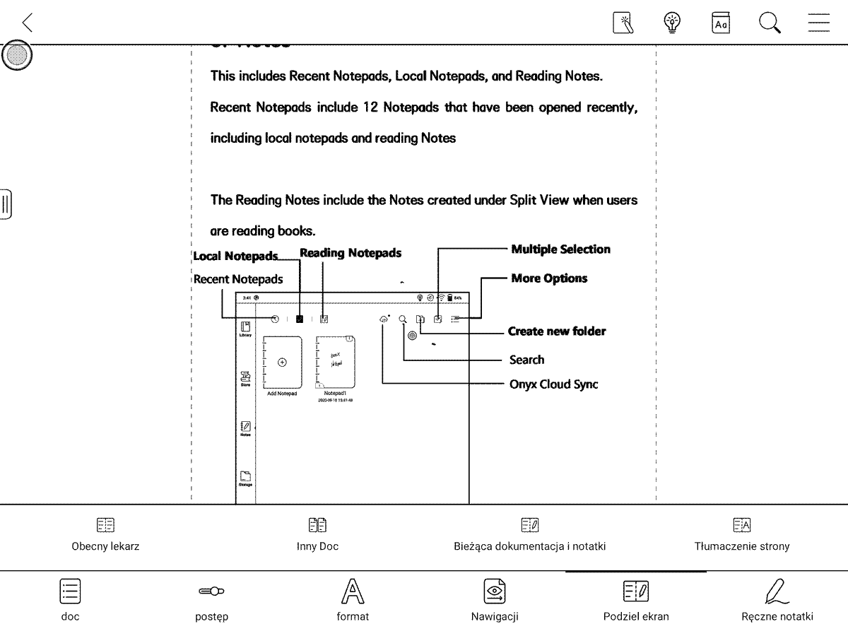 Onyx Boox Note Air – opcje trybu podzielonego ekranu w aplikacji Neo Reader