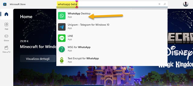 ricerca whatsapp dal microsoft store