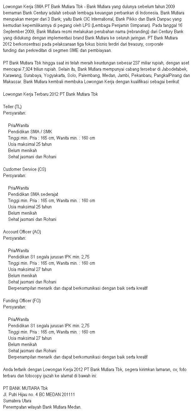 Lowongan Pekerjaan SMA PT Bank Mutiara Tbk