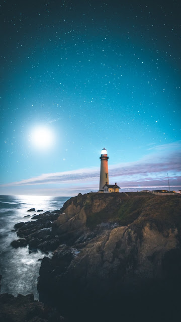 Lighthouse Starry Sky Ocean Beach Wallpaper