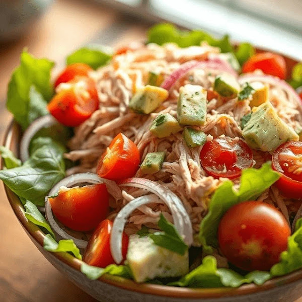 Fresh Rotisserie Chicken Salad with Avocado and Vinaigrette A fresh rotisserie chicken salad in a ceramic bowl with crisp romaine lettuce, cherry tomatoes, red onions, avocado chunks, and vinaigrette dressing, captured in natural light.