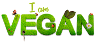 Ilustração: O texto "I am vegan" escrito com grama de onde saem flores e insetos.