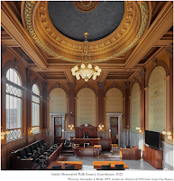 Color photograph of courtroom, 'Inside Renovated Polk County Courthouse,' 2022.