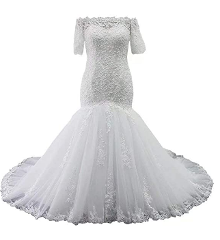 Lace Pearls Mermaid Wedding Dresses with Short Sleeve - Off Shoulder Bridal
