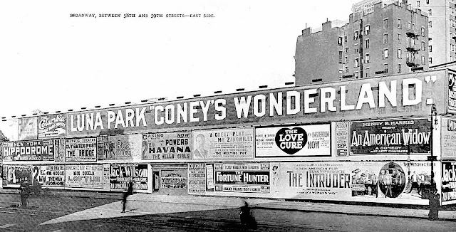 1909 Coney Island New York, a photograph of huge outdoor billboard advertising, Luna Park