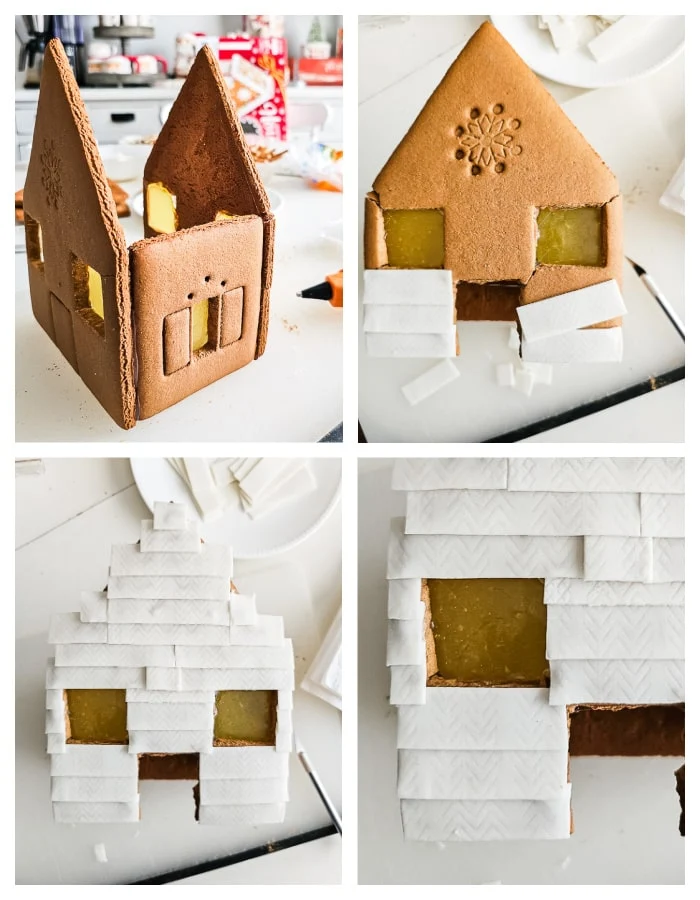 cover gingerbread house in white gum slices to resemble shiplap