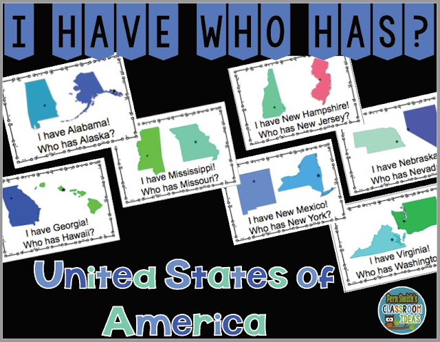 This set of I Have, Who Has? United States of America has 100 cards total! This resource has 50 Cards with Colorful States Clip Art in Alphabetical Order, 50 Cards with Colorful States Clip Art in Mixed Order, 2 Sets of Teacher Answer Keys and 1 Teacher Direction Sheet! One-Hundred I Have, Who Has? United States of America Task Cards, Teacher Directions and a Teacher Answer Key by Fern Smith's Classroom Ideas Available for You and Your Students at TeachersPayTeachers.