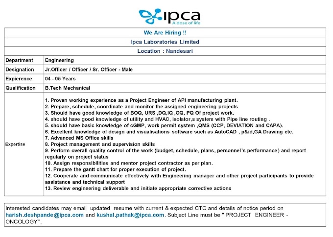 IPCS - Engineering job requirements in Nandesari.