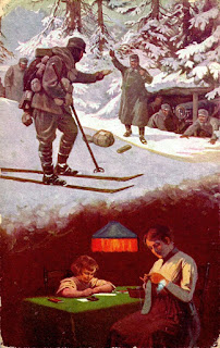 Esguard de Dona - antiga postal  circulada el 25 de desembre de 1916 La seva temàtica, en plena I Guerra Mondial representa una escena a la llar i al front Una escena d'amor i de soldats La tarjeta forma part del del projecte Archinetwork i va ser pujada a la xarxa per la Fondazione Luigi Micheletti de Brescia (Italia)