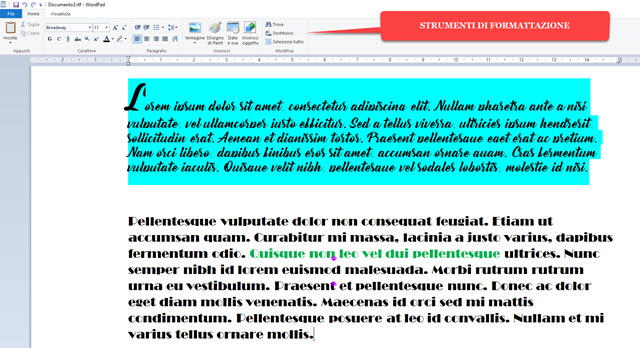 formattare testo con wordpad