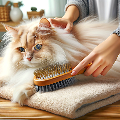 Un gato Angora siendo acicalado y cuidado, enfatizando la importancia del cepillado regular y cuidado veterinario. La imagen muestra a una persona cepillando suavemente el largo pelaje del gato