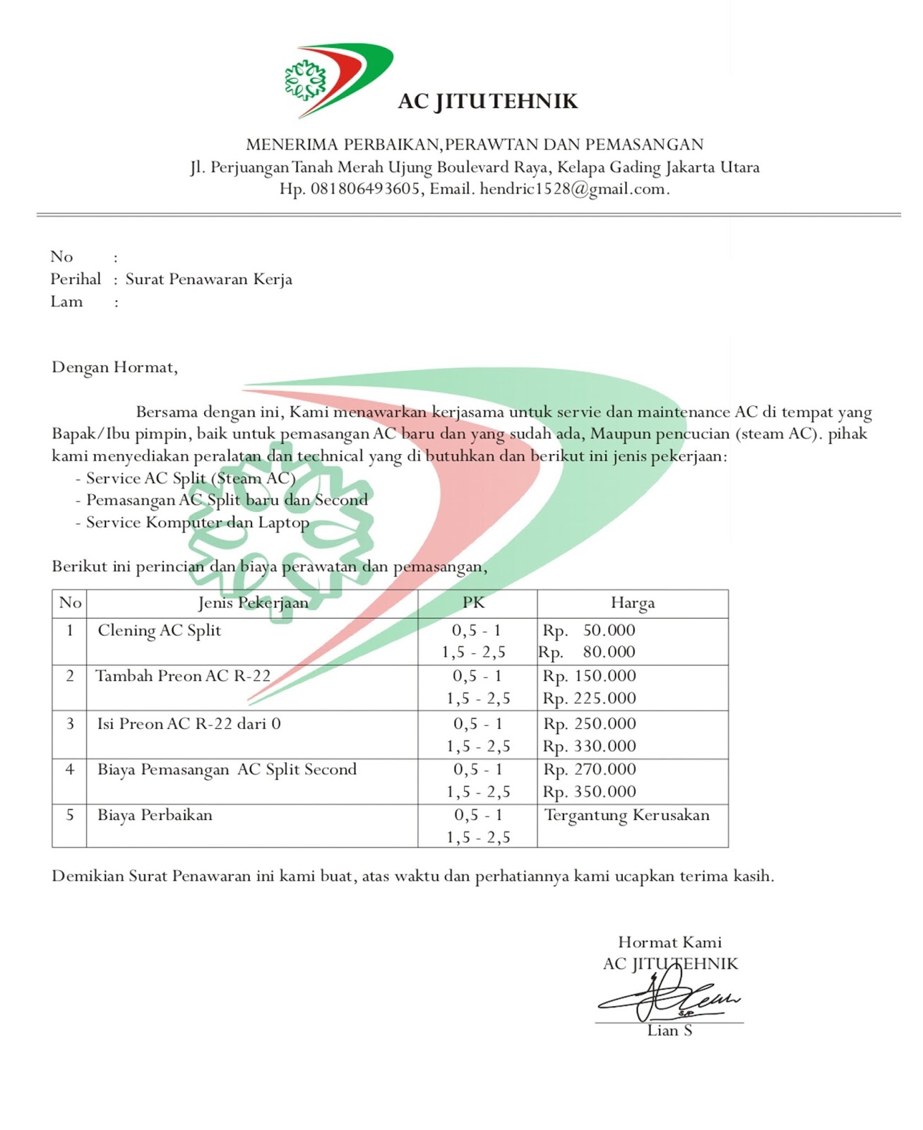 Surat Penawaran Kerja ~ AC Jitu Teknik