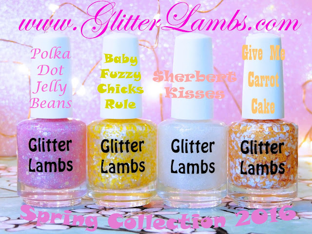 Glitter Lambs Spring Nail Polish Collection of 4: Polka Dot Jelly Beans, Baby Fuzzy Chicks Rule, Sherbert Kisses, Give Me Carrot Cake- Custom Handmade Glitter Topper Nail Polishes